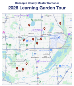 Map of the Hennepin County Master Gardener 2026 Learning Garden Tour showing ten tour locations across the metro area.